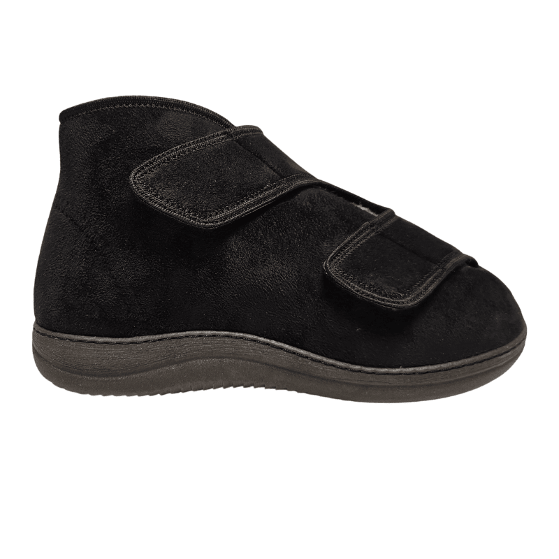 Sapato de terapia alto preto com duas tiras largas de velcro, vista lateral