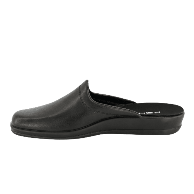 Chinelo Rohde preto de couro para homem, visto diretamente de lado com perfil de sola claro