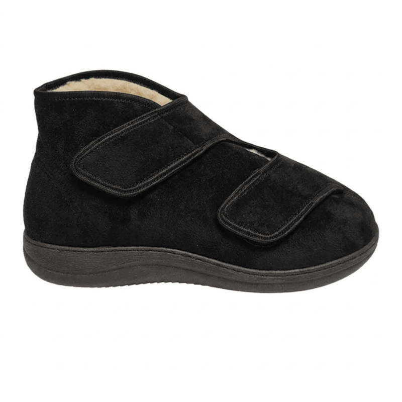 Sapato de terapia preto com forro de lã e duas tiras largas de velcro, vista lateral