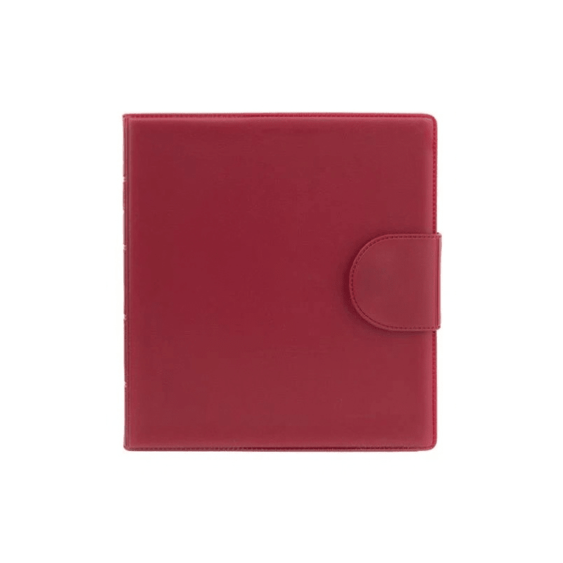 Estojo vermelho fechado para caixas de comprimidos em pele sintética, visto de frente com fecho de velcro