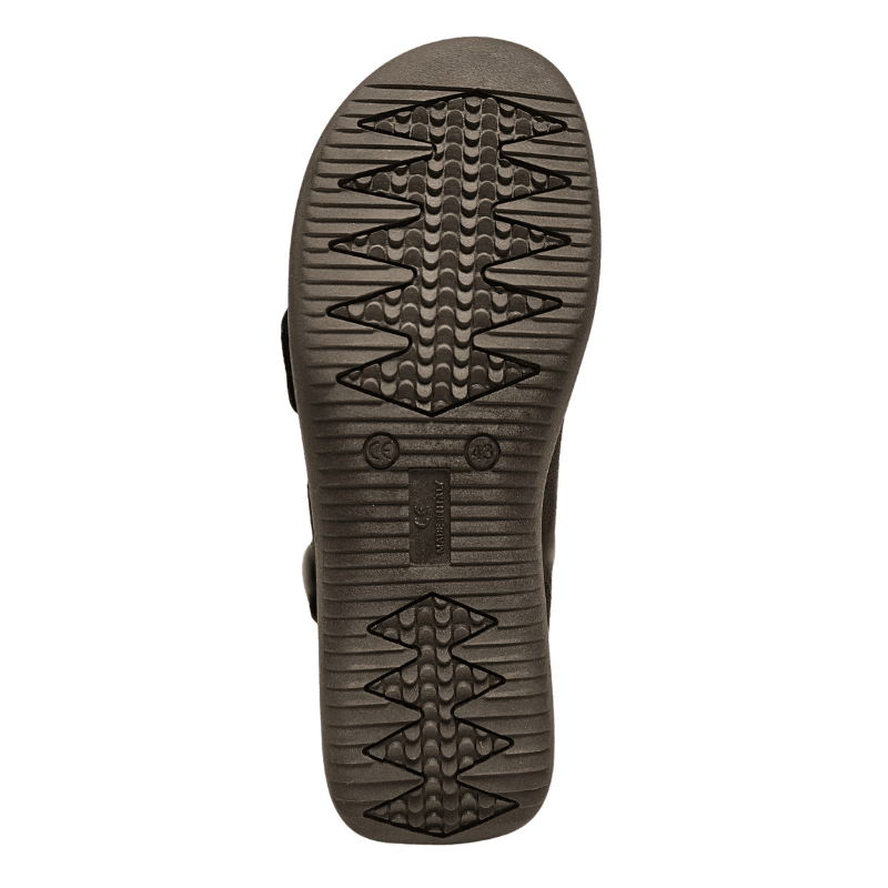 Parte inferior de um sapato de terapia preto com padrão antiderrapante e "MADE IN ITALY" gravado na sola