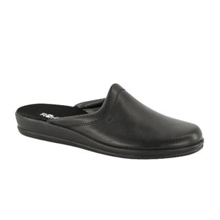 Chinelo Rohde preto de couro para homem, visto diagonalmente de frente com calcanhar aberto