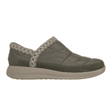 Sapato de lazer Skechers verde-oliva para senhora, vista lateral, com parte superior acolchoada e rebordo em malha