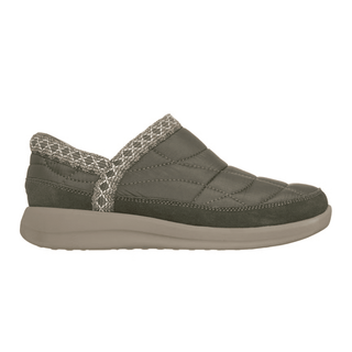 Sapato de lazer Skechers verde-oliva para senhora, vista lateral, com parte superior acolchoada e rebordo em malha