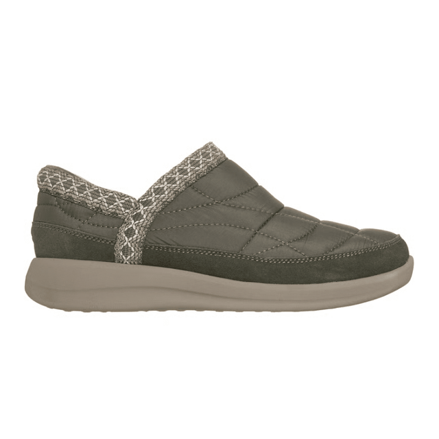 Sapato de lazer Skechers verde-oliva para senhora, vista lateral, com parte superior acolchoada e rebordo em malha