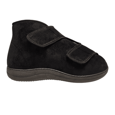 Sapato de terapia alto preto com duas tiras largas de velcro, vista lateral