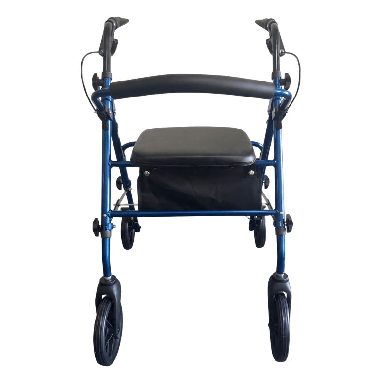 Andarilho Ibis azul visto diretamente de frente, com pegas ergonómicas, assento e encosto acolchoados