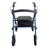 Andarilho Ibis azul visto diretamente de frente, com pegas ergonómicas, assento e encosto acolchoados
