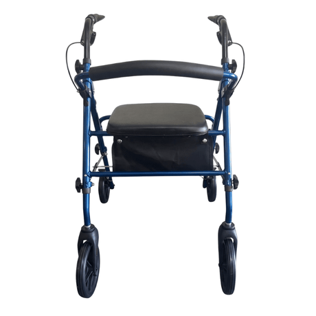 Andarilho Ibis azul visto diretamente de frente, com pegas ergonómicas, assento e encosto acolchoados
