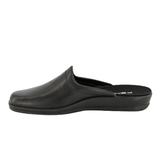 Chinelo Rohde preto de couro para homem, visto diretamente de lado com perfil de sola claro