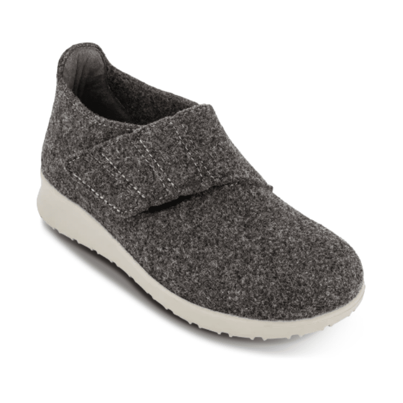 Pantufa New Feet de senhora cinzento antracite em lã com velcro, vista frontal angular da textura