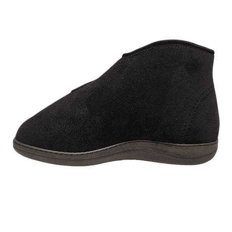 Sapato de terapia alto preto, vista lateral, com exterior liso e tornozelo alto