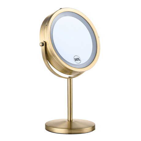 Espelho de maquilhagem dourado com luz e aumento 10x, vista frontal angular sobre base