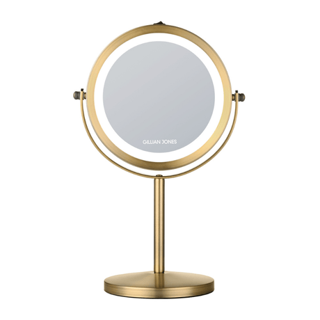 Espelho de maquilhagem redondo dourado com luz LED, vista frontal com logo Gillian Jones