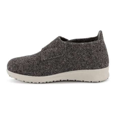 Pantufa New Feet de senhora cinzento antracite em lã, vista lateral sem a tira de velcro