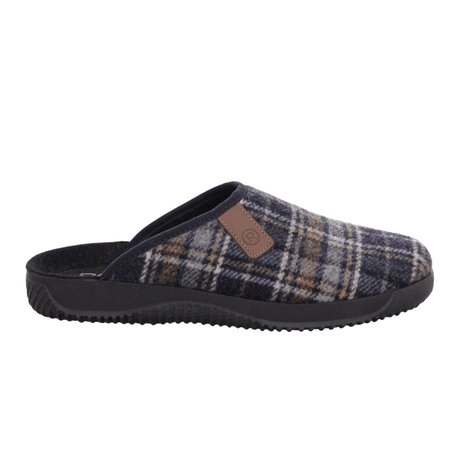 Chinelo de homem Rohde xadrez em tons de azul e cinzento com remendo de couro castanho