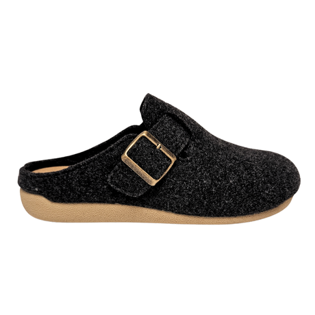 Chinelo de senhora Bella Moda em lã cinzento antracite com fivela pequena, visto de lado