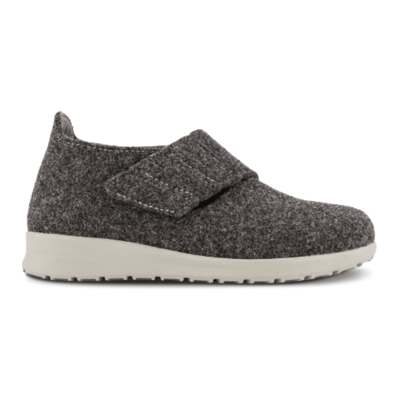 Pantufa New Feet de senhora cinzento antracite em lã com tira de velcro larga, vista lateral