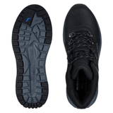 Duas botas pretas Skechers para homem, uma vista superior e a outra mostrando o padrão da sola