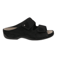 Chinelo Berkemann de senhora em camurça preta, vista lateral com tiras de velcro ajustáveis