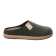 Pantufa Rohde de senhora em feltro verde escuro, vista lateral com sola bege e logótipo