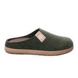 Pantufa Rohde de senhora em feltro verde escuro, vista lateral com sola bege e logótipo