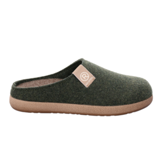 Pantufa Rohde de senhora em feltro verde escuro, vista lateral com sola bege e logótipo