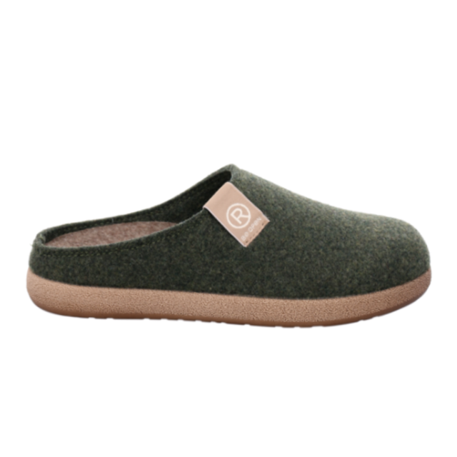 Pantufa Rohde de senhora em feltro verde escuro, vista lateral com sola bege e logótipo