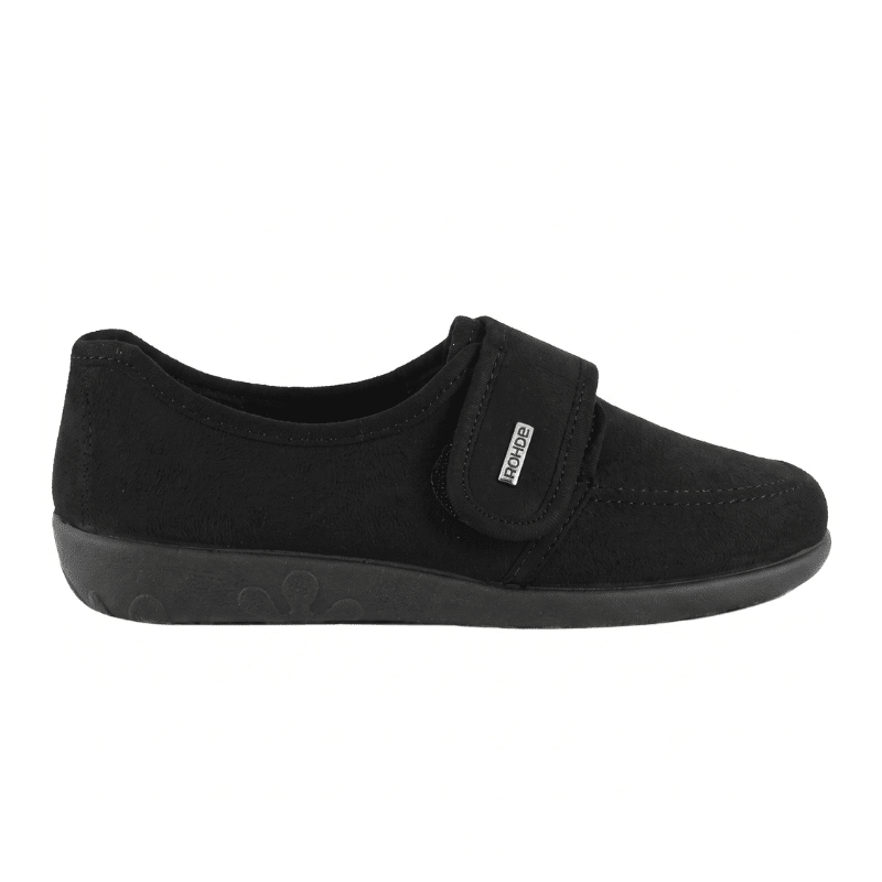 Chinelo Rohde preto para senhora com tira de velcro e sola de borracha antiderrapante, vista lateral