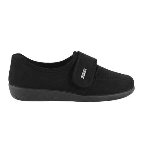 Chinelo Rohde preto para senhora com tira de velcro e sola de borracha antiderrapante, vista lateral