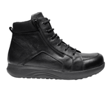 Bota New Feet preta de homem em pele lisa, vista lateral, com atacadores e fecho éclair
