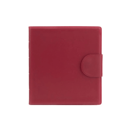 Estojo vermelho fechado para caixas de comprimidos em pele sintética, visto de frente com fecho de velcro