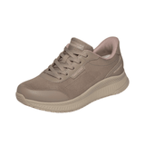 Sapato Skechers slip-in outdoor de senhora cor areia, vista frontal angular, com atacadores e parte superior respirável