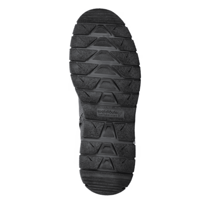 A sola exterior preta e padronizada de uma bota de homem Waldläufer com almofadas de ar, vista de baixo