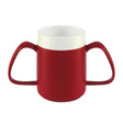Caneca vermelha com duas pegas ergonómicas e rebordo branco, vista frontal