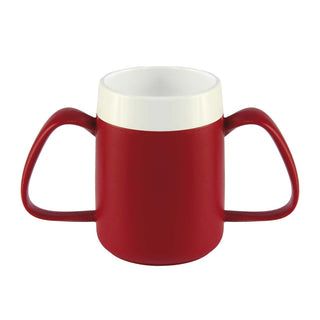 Caneca vermelha com duas pegas ergonómicas e rebordo branco, vista frontal